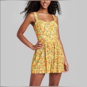 Yellow Citrus Fruit Button-Front‎ Romper linen feel